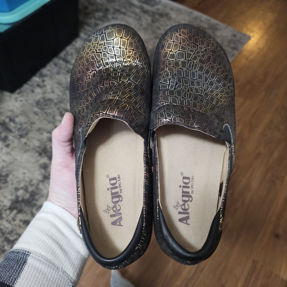 Alegria Women's Mules Iridescent Black and Gold size 38 aka 7 1/2 leather lined